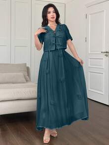 Modelyn 2件套女士3D花卉装饰腰部吊带背心连衣裙和系带袖上衣 - 藍色 - 查看 3