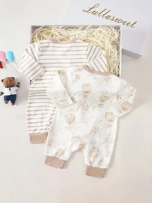 SHEIN 2 Pieces Set Of Cartoon Printed Long Sleeved Jumpsuit For Newborns And Boys, With Comfortable And Simple Fabric Suitable For Home Gifting Fall Winter