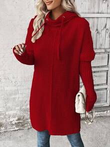 EMERY ROSE Áo len dệt kim dáng rộng có mũ trùm đầu, viền xẻ tà, màu trơn dành cho nữ, mùa thu - Đỏ - Xem 4