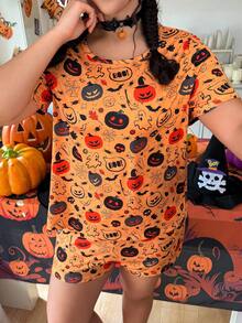Bộ đồ ngủ tay ngắn dệt kim in hình bí ngô và ma Halloween cỡ lớn kèm quần short - Nhiều màu - Xem 1