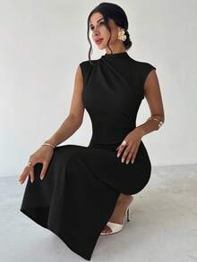 Firerie 女士优雅简约休闲日常通勤度假时尚新款小立领垂坠袖收腰杏色长款连衣裙，夏季 - 黑色 - 查看 7