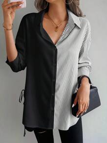 SHEIN LUNE Women's Casual Colorblock Striped Asymmetrical Hem Blouse, Spring/Fall Women Shirt - Black - View 5