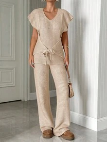 Textured Knit Sleeveless Sweater Belted And Pants Co-Ord Set Knit Two Piece Set Beige Two Piece Set Cream Two Piece Set Two Piece Set Women Comfy Two Piece Set Comfortable Two Piece Set - Beige - View 4