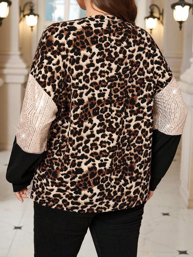 Plus Size Patchwork Leopard Print Sequin Decor Round Neck Long Sleeve Sweatshirt Plus Size Sequin Top Leopard Print Sequin Top In , , New,