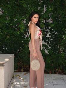 Durrani Popal Women's Denim Effect Linen Blend Pants With Lace Hem - Khaki - View 5