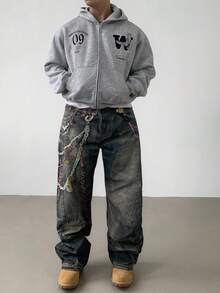 DAZY 男士字母刺绣街头风连帽卫衣，秋季 - 灰色 - 查看 4