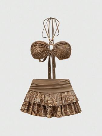 J-Fashion Set da 2 pezzi da donna composto da top in rete con strass e minigonna con volant, in stile Y2K, colori a contrasto, motivo hawaiano con ibisco, adatto per vacanze e spiaggia