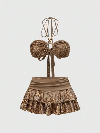 J-Fashion Ensemble 2 pièces pour femmes composé d'un Top en maille hawaïenne à strass avec contraste de couleurs et d'une mini-jupe à volants, style Y2K Babe Coconut Girl Vacation Beach