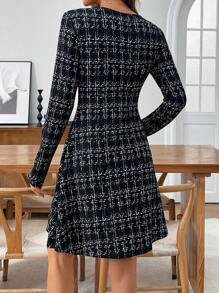 EMERY ROSE 女式格子圆领长袖优雅短款连衣裙 - 黑色 - 查看 2