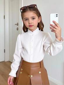 Easowa Blusa casual con volant a orlo per ragazze, in colore unito, per ragazze, bluse per ragazze adolescenti, camicie eleganti per giovani ragazze, top formali per giovani ragazze, abbigliamento per ragazze, abiti scolastici, top bianco, abbigliamento per il ritorno a scuola, divisa scolastica, camicie per ragazze, camicie da ragazza - Bianco - Visualizzare 1