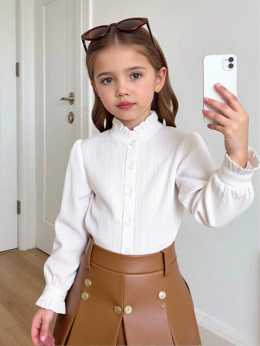 Easowa Blusa casual con volant a orlo per ragazze, in colore unito, per ragazze, bluse per ragazze adolescenti, camicie eleganti per giovani ragazze, top formali per giovani ragazze, abbigliamento per ragazze, abiti scolastici, top bianco, abbigliamento per il ritorno a scuola, divisa scolastica, camicie per ragazze, camicie da ragazza - Bianco - Visualizzare 1