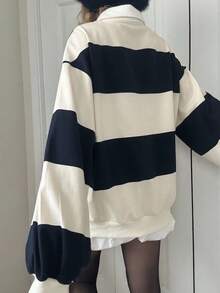 FRIFUL 女式撞色领口条纹字母印花宽松运动衫，秋季 - 藏蓝色 - 查看 7