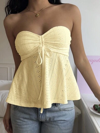 CovetEZ Áo Bandeau dệt kim màu vàng mù tạt giản dị cho mùa hè