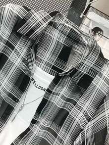 Plus Size Casual Plaid Drop Shoulder Front Button Shirt Fall Cloth For Women - Black - View 2