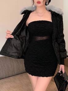 DAZY 女士撞色外套，毛绒拼接，碎花，褶皱腰身和荷叶边下摆，适合秋冬季夹克 - 黑色 - 查看 12