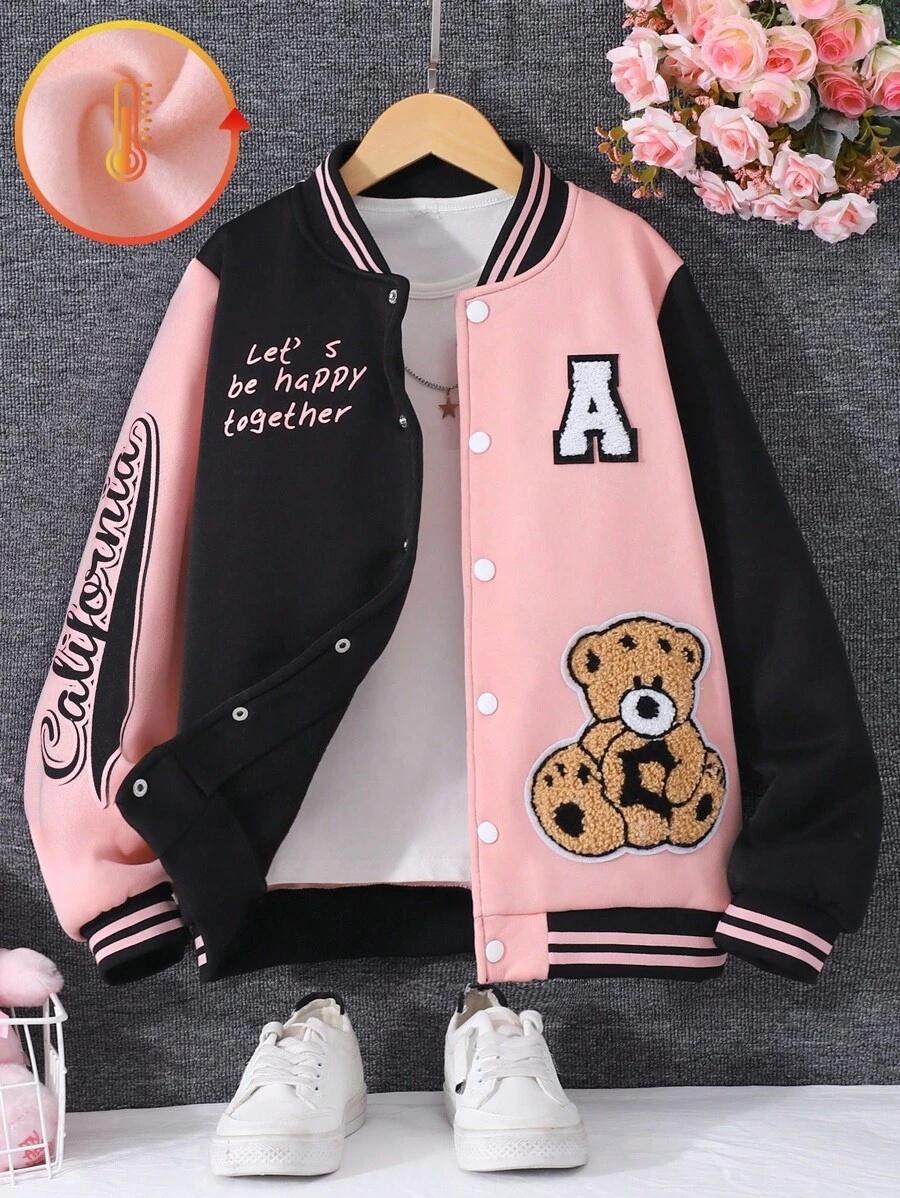 Sparklyn Teen Girl Bear Patched & Slogan Graphic Two Tone Varsity Jacket Without Tee - Pink - View 1