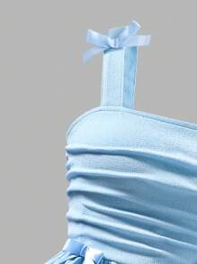 Elladie kids Elegant Solid Color Ruffle Strap Dress With Bow Decor For Tween Girls, Suitable For Outings, Parties And Events, Spring/Summer - Blue - View 3