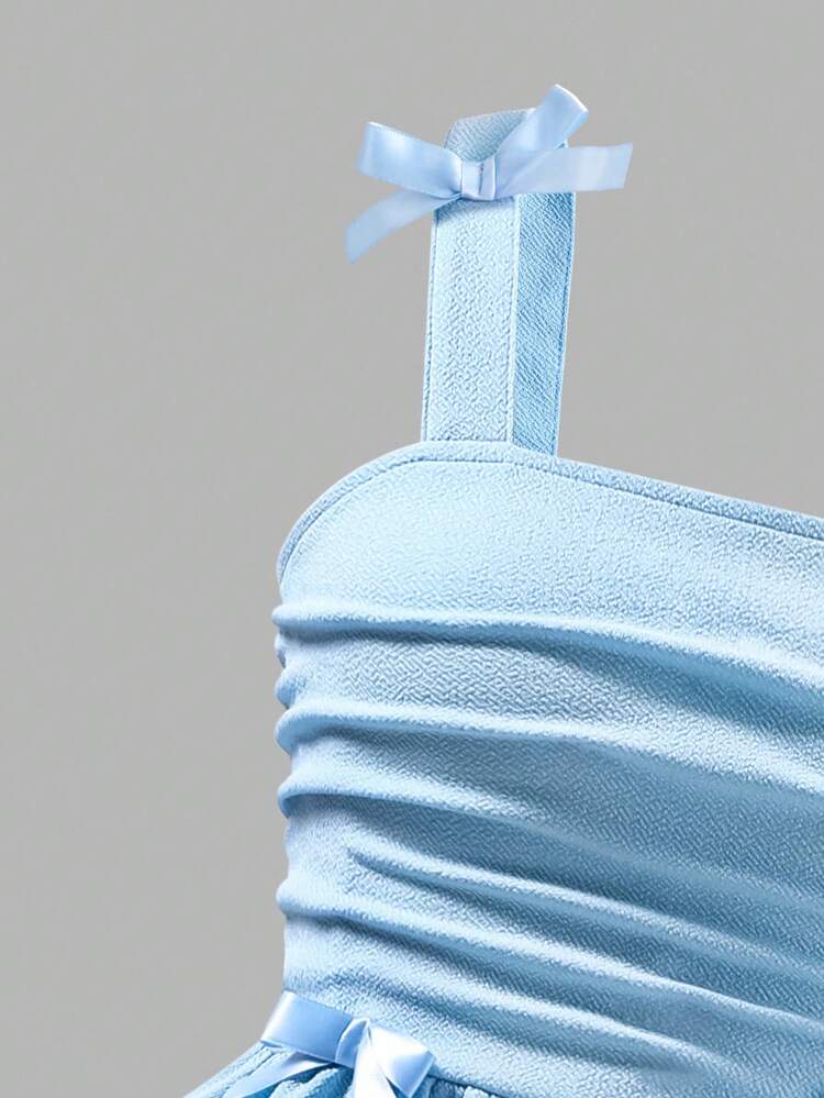 Elladie kids Vestido elegante de unicolor con volantes y decoración de moño para niñas preadolescentes, adecuado para salidas, fiestas y eventos, primavera/verano - Azul - Añade 3