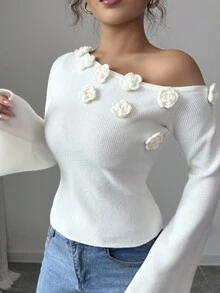 Modelyn 女款法式白色3D花卉毛衣 - 白色 - 查看 8