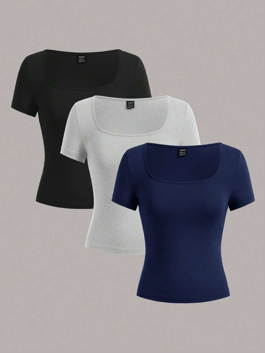 SHEIN EZwear 3 件装女式短袖短款休闲紧身 T 恤,夏季 - 彩色 - 查看 1