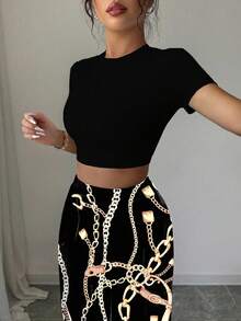 Elenzga 女士纯色圆领短袖上衣和链条印花休闲裤 2 件/套 - 彩色 - 查看 3