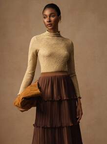 Vesra Women's Solid Color Stand Collar Raglan Long Sleeve Fashionable Versatile Jacquard Knit Slim Fit Long T-Shirt Fall Cloth For Women