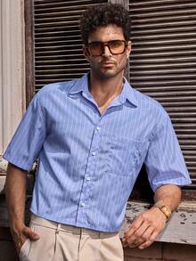 Manfinity VCAY Men's Casual Loose Fit Striped Woven Short Sleeve Shirt, Old Money - Blue - View 6