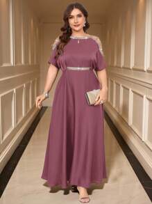 SHEIN Clasi Plus Size Rhinestone Decor Off-Shoulder Elegant Solid Color Dress