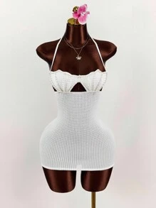 Amplova Đầm ôm body mini hở lưng hở vai buộc dây Shell Bra - trắng - Xem 3