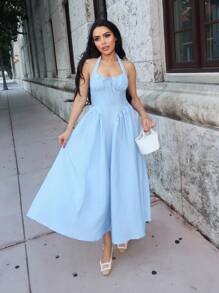 Durrani Popal 女式露背褶饰蝴蝶结摆裙，浅蓝色派对女装，新年前夜装，化妆舞会礼服，生日女装，性感浅蓝色连衣裙，蝴蝶结连衣裙，新年公主女装 - 淺藍色 - 查看 1