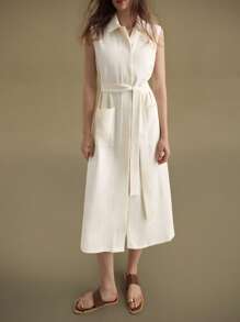 Ontre 休闲纯色系腰无袖连衣裙，2025新款女装，适合秋冬季，所有季节，返校，万圣节，圣诞节，女教师装，休闲外出，婚礼宾客装，优雅教堂/商务休闲装 - 杏色 - 查看 6