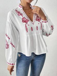 SHEIN LUNE Women's Shirred Graphic Print Long Sleeve Button Shirt Peplum Top Fall Cloth For Women