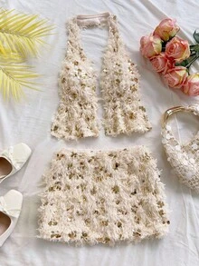 Soleia Bộ 2 món áo hở lưng buộc eo đính sequin gợi cảm cho nữ, thích hợp mặc khi dự tiệc, Giáng sinh, đêm hẹn hò, hộp đêm, bãi biển, du thuyền, trà chiều, phong cách Bohemian, Boho, kỳ nghỉ - Màu be - Xem 3