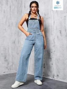 SHEIN ICON Coolmax女款時尚簡約寬鬆寬腿牛仔背帶褲 - 淺色水洗藍 - 查看 5