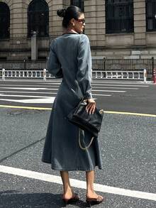 DAZY Vestido de mezclilla casual de mujer con bloque de color de contraste y mangas abultadas, otoño