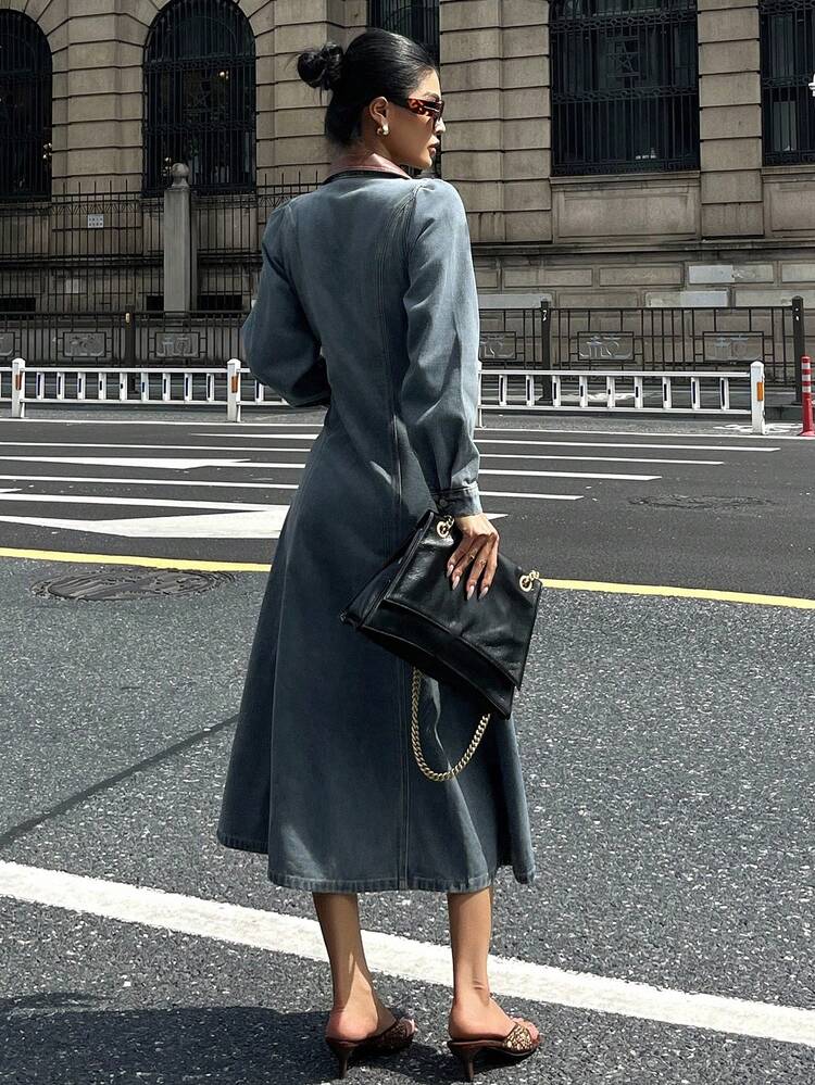 Women's Casual Contrast Color Block Puff Sleeve Denim Dress, Autumn