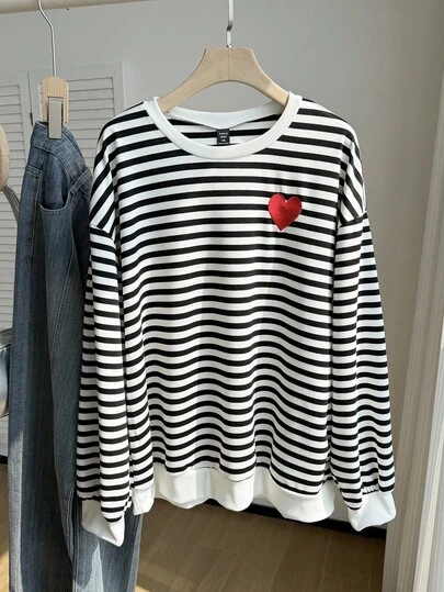 SHEIN EZwear 大碼條紋印花愛心刺繡落肩袖運動衫