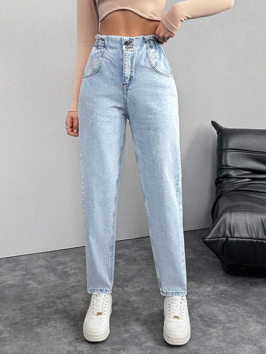 RueChic Paper Bag Waist Tapered Jeans - Dusty Blue - View 1