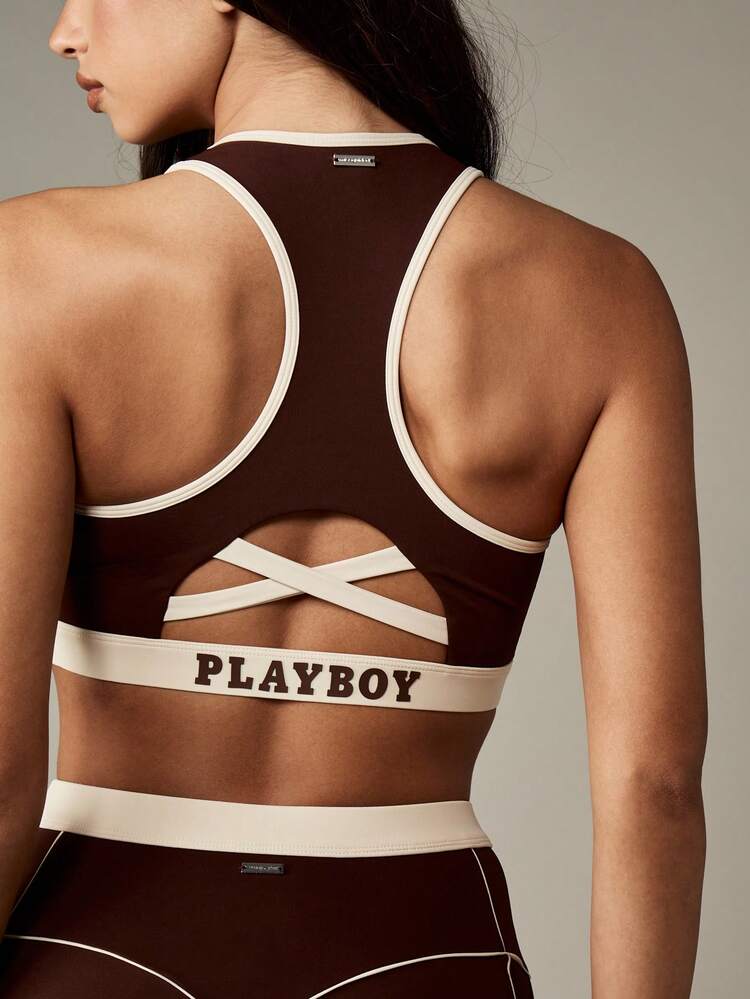 Missguided x Playboy Athletic High Impact Cross Back Workout Sports Bra With Contrast Binding Racerback Yoga Fitness Support Training Activewear