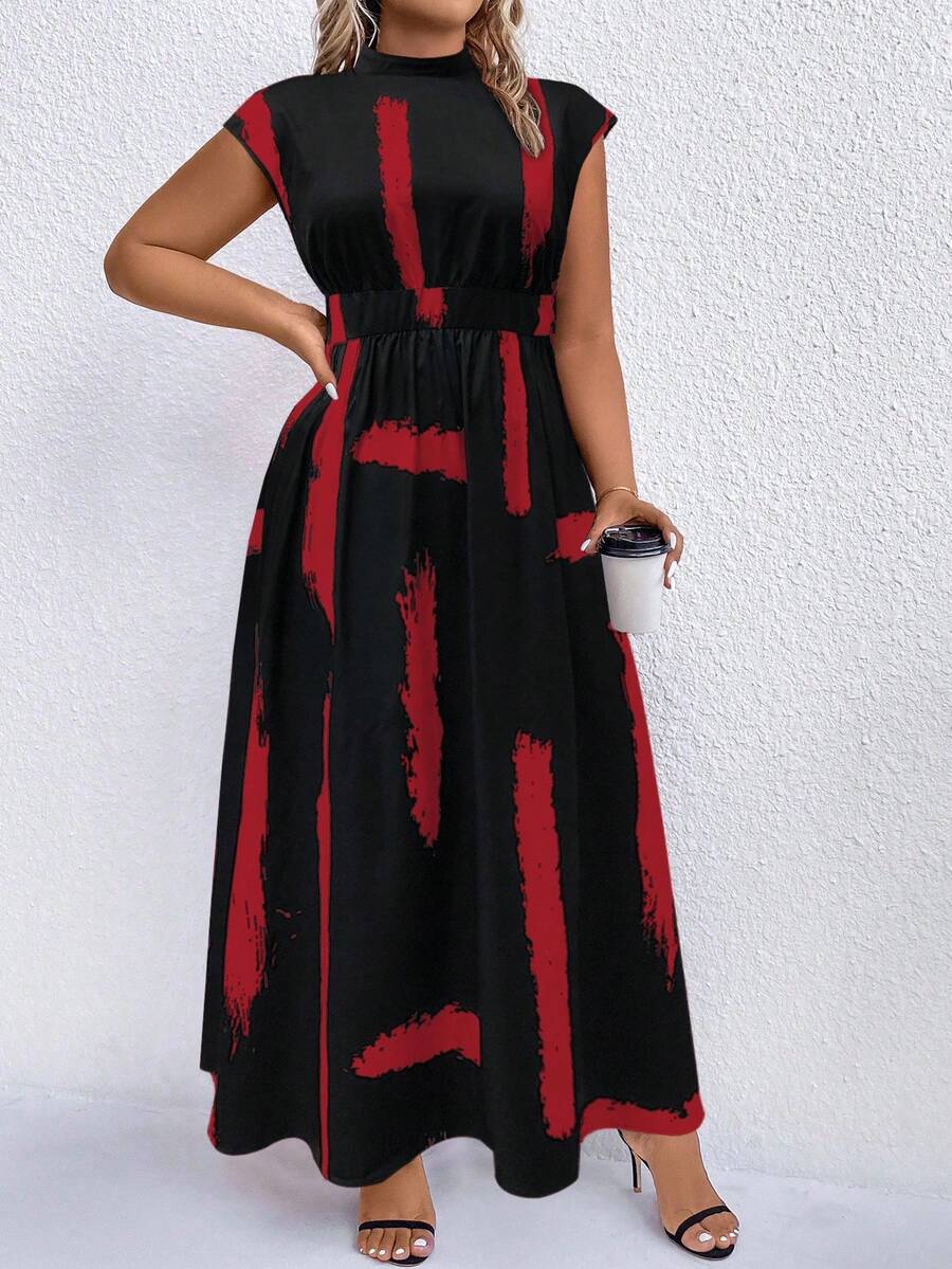 Breezaya 加大圆点印花立领长裙女装 - 黑色 - 查看 1