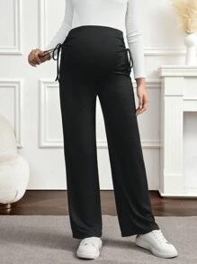SHEIN 系腰褶皱全长孕妇裤 - 黑色 - 查看 6