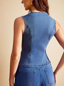 Vintamour Top casual pentru femei din denim, spălat, cu nasturi în față, topuri de toamnă, business, birou, serviciu, top formal - Spălare medie - Vizualizare 2