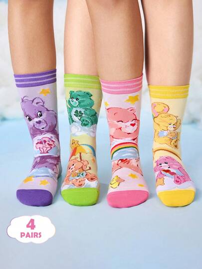 SHEIN X Care Bears 4 Pairs Women Rainbow Soft & Breathable Moisture-Wicking Casual Mid-Calf Socks Fashionable Cute Crew Socks Reinforced Toe & Heel For Durability All Season All-Match Summer Winter
