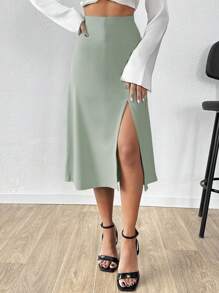 SHEIN Cottnline Women Solid Color High Waist Midi Skirt For Summer - Mint Green - View 5