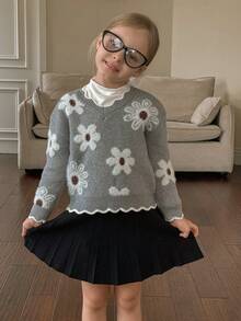 SHEIN LMoss Kids 少女花卉图案灰色长袖毛衣，可爱百搭，秋冬 - 灰色 - 查看 5