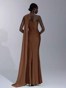 Elitara Elegant Romantic Light Brown Asymmetrical Shoulder Draped Neck Flounce Fitted Mini Fishtail Dress, Suitable For Wedding, Occasion, Date, Bridesmaid - Coffee Brown - View 4