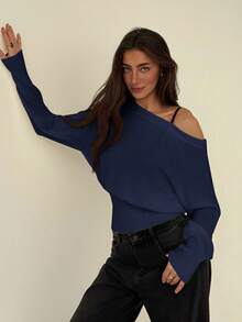 Aloruh Beige Oversized Floral Asymmetric Shoulder Romantic Loose Knit Sweater, Autumn/Winter,Fall - Navy Blue - View 1