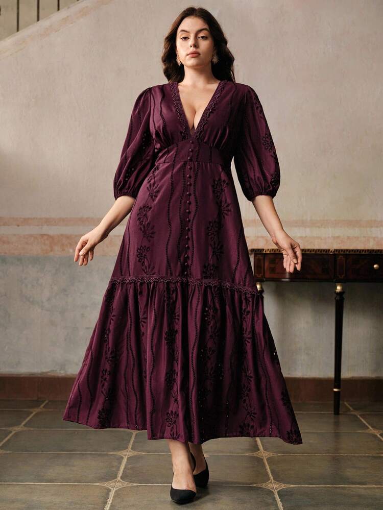 Women's Elegant Romantic Hollow Floral Embroidery V-Neck Patchwork Lace Trim 3/4 Sleeve Maxi Dress, Plus Size, Suitable For Summer Vacation, Dating, Halloween Costume, New Year Party, Graduation