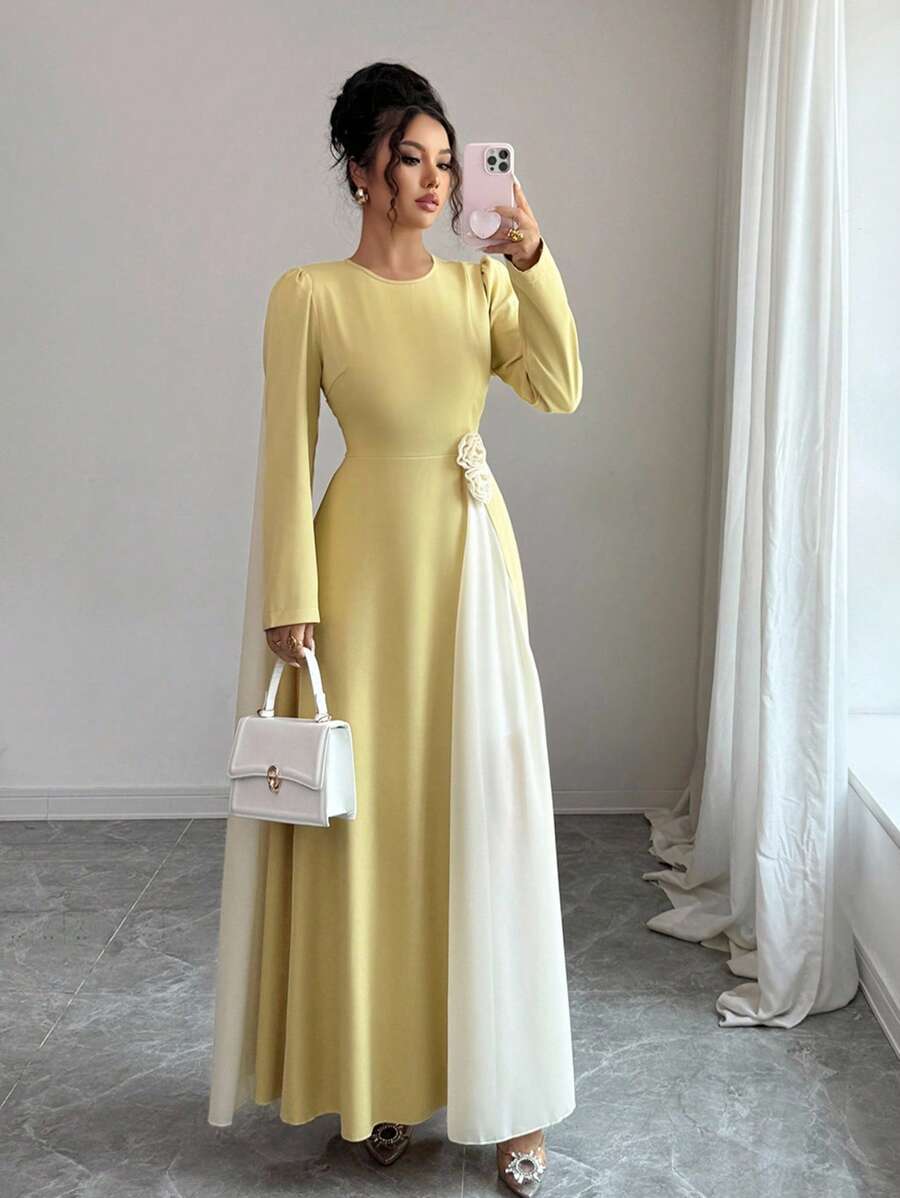 Selianne Women's Yellow Chiffon Patchwork Long Sleeve A-Line Dress Fall Cloth For Women - Yellow - View 1
