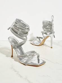 SHUZIA Silver Color & Women's Rhinestone Strappy Heeled Stiletto Open-Toe Sandals - Silver - View 3